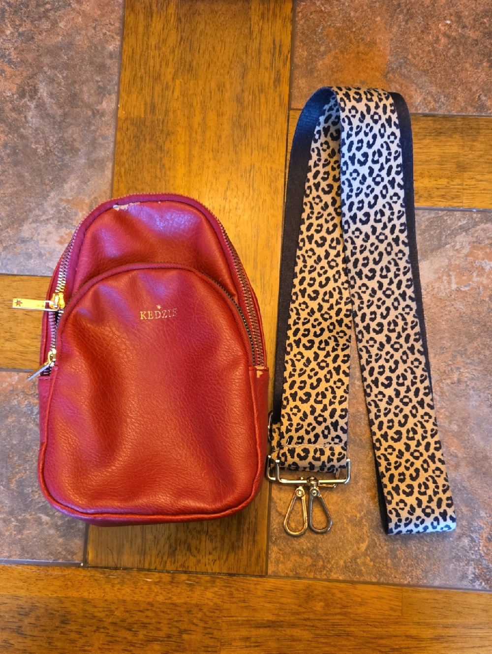 KEDZIE Red Leather Mini Backpack with Leopard  Guitar Strap